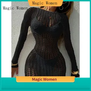 【Magic Women】1pc Women Sexy Women Bodycon Dress Through See Women Long Sleeves Dress Sexy Fishnet Cover Up Without Any Accessories Hollow Out for Music festival Beachwear Summer Women's Swimwear Clothing Swimsuit