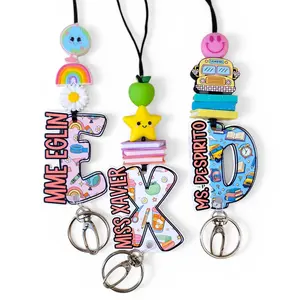 Trendy School Tools Personalized Teacher Lanyard Custom Beaded Silicone with Laser-Cut Acrylic Charm & Breakaway Safety Clasp for Daily School Use