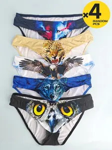2/3/4 Pcs Random Color Men's Briefs, Underwear Brief, Trendy Digital Print, Thin & Comfortable, Soft Stretch Briefs, Bikini Style, For Daily, Sports & Party