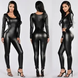 Daydreamer’s Wardrobe women’s patent leather sexy black long-sleeve jumpsuit — female uniform bodysuit/costume