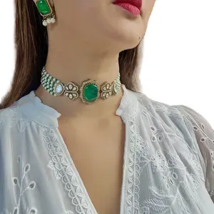 Mosonite Emerald Pearl Necklace Set with Earrings for Women - Stunning Emerald Pendant, Classic Pearl Accessory