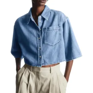 Imily Bela Womens Crop Denim Shirt Half Sleeve Button Down Short Jean Jacket with Pocket