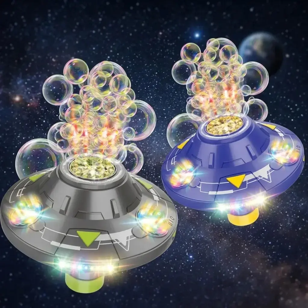 New Version UFO Design Bubble Maker Toy Built-in LED Light & Music Auto Rotating Obstacle Avoidance Bubble Blower 32 Holes Large Bubble Volume Ideal For Kids Summer Outdoor Entertainment