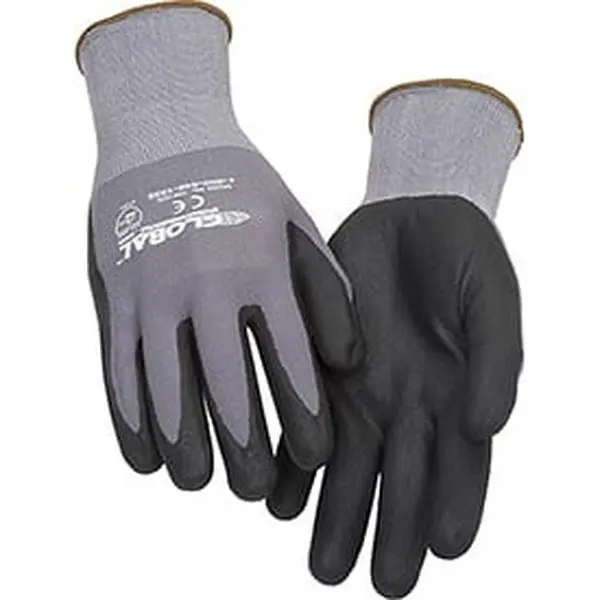 Global 708122L Large Cleaning Gloves, 12-Pack Gray & Black 15-Gauge Nylon with Breathable Micro-Foam Coat, Minimal Lint & Dust, Improves Grip, for Automotive, Micro-Engineering Equipment Use