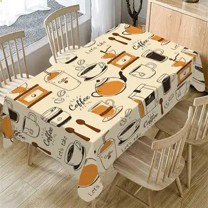 Vintage Hand-Painted Coffee Patterned Tablecloth, Rectangular Tablecloth for Home Kitchen, Coffee Shop, Outdoor Camping, Picnic, Party Decoration