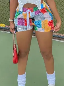 Women's Colorblock Patchwork Drawstring Waist Shorts, Casual Elastic Waist Beach Shorts For Summer, Women's Bottoms For Vacation Holiday