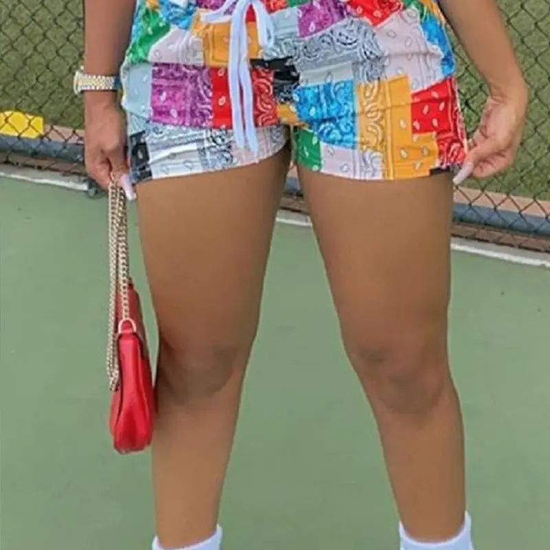 Women's Colorblock Patchwork Drawstring Waist Shorts, Casual Elastic Waist Beach Shorts For Summer, Women's Bottoms For Vacation Holiday, Drawstring Waistband Shorts, Womenswear