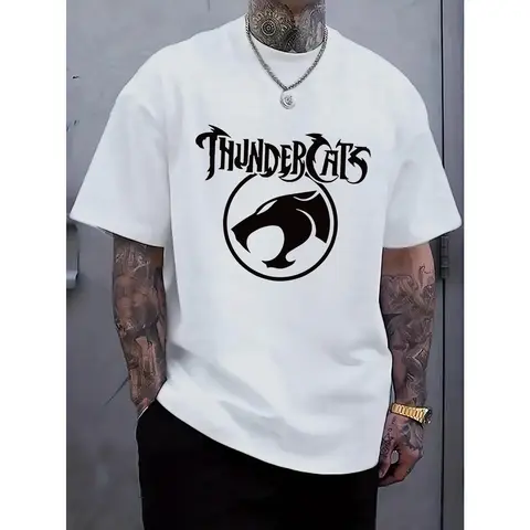 Men's Black "ThunderCats" Graphic Menswear T-Shirt - Comfy Basic Undershirt, Short Sleeve Crew Neck, Regular Fit Stretchy Fabric, Bold Roaring Cat Design, Casual Streetwear for Daily Wear