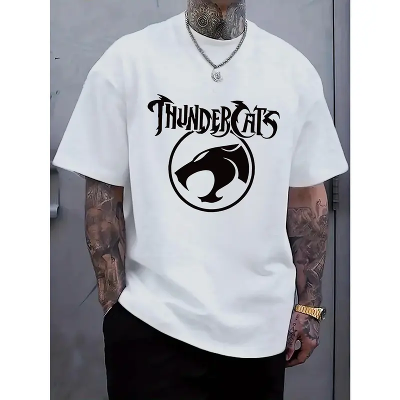 Men's Black "ThunderCats" Graphic Menswear T-Shirt - Comfy Basic Undershirt, Short Sleeve Crew Neck, Regular Fit Stretchy Fabric, Bold Roaring Cat Design, Casual Streetwear for Daily Wear