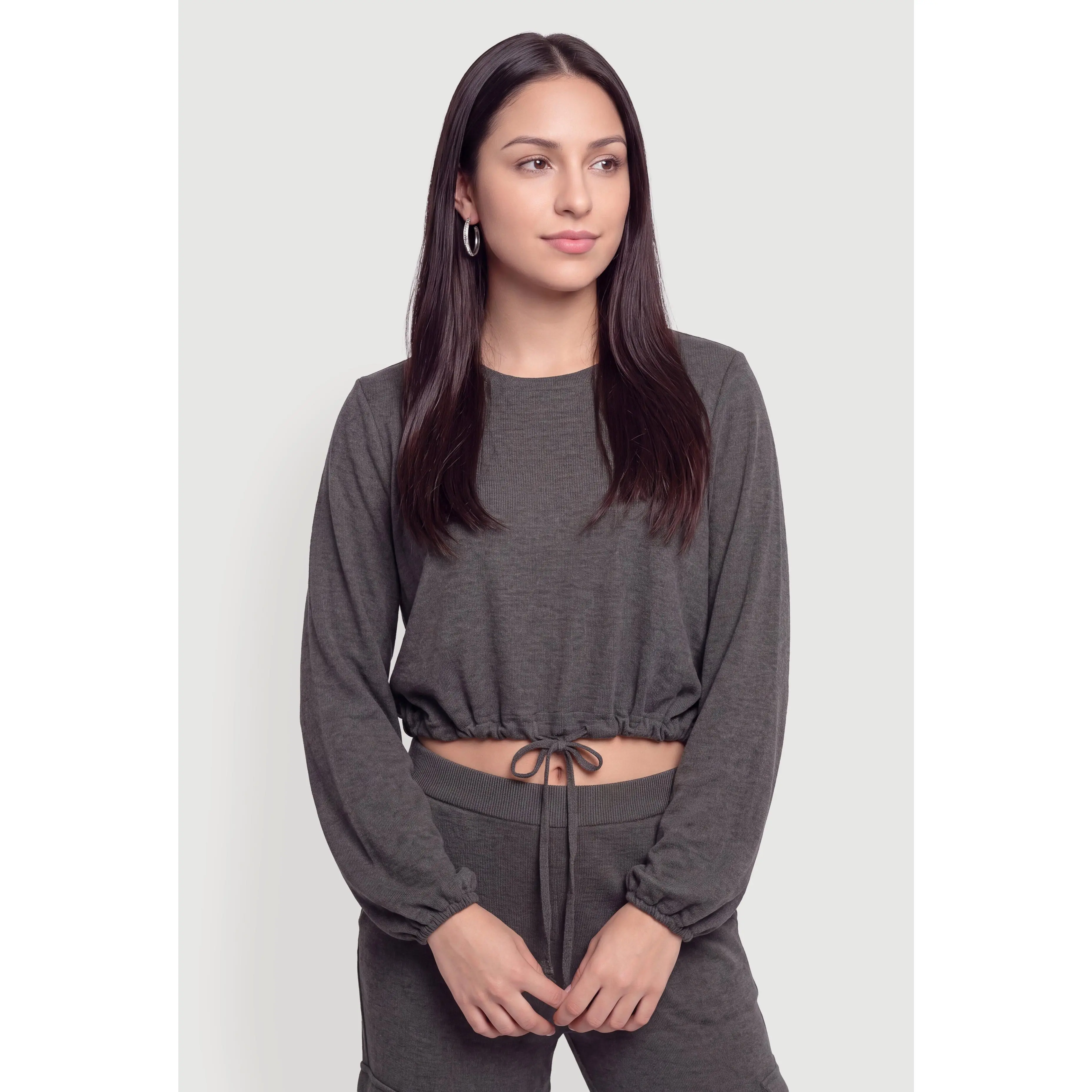 Brushed Knit Drawstring Waist Long Sleeve Top