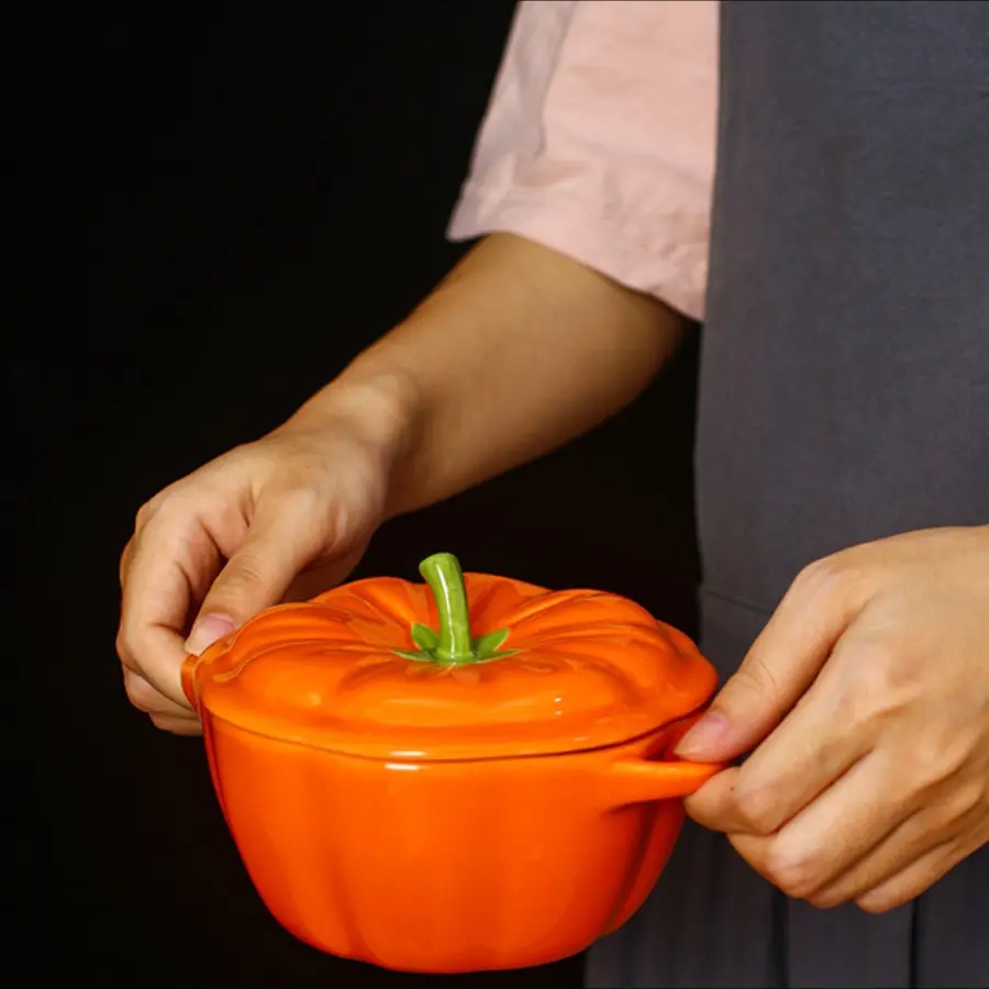 Ceramic Pumpkin Dutch Oven Cooking Pot with Lid, Heat Resistant Handles, Microwave & Dishwasher Safe, Halloween Christmas Party Dessert Bowl Cookware Pots