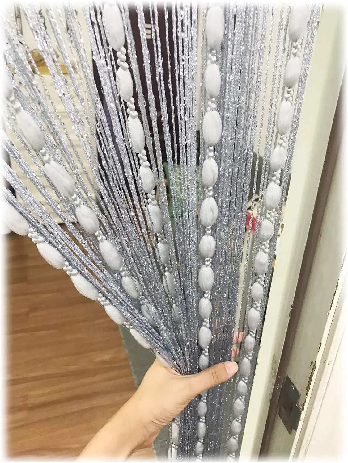 Door String Curtain Flat  Ribbon Thread with Shaggy Tassel Room Divider, 39x79 (Grey-style2)