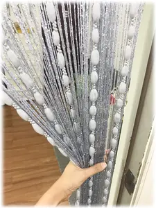 Door String Curtain Flat  Ribbon Thread with Shaggy Tassel Room Divider, 39x79 (Grey-style2)