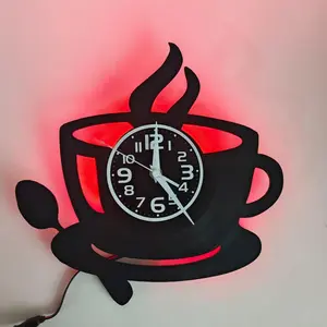 Vintage Coffee Cup Wall Clock, LED Seven-Color Glow, Silent Quartz Movement, Kitchen, Living Room, Office Decor