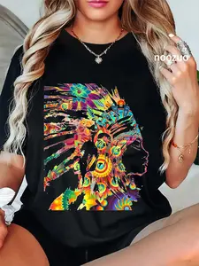 100% Cotton Unisex 60's Headdress Native American Indian Art T-Shirt Casual Top
