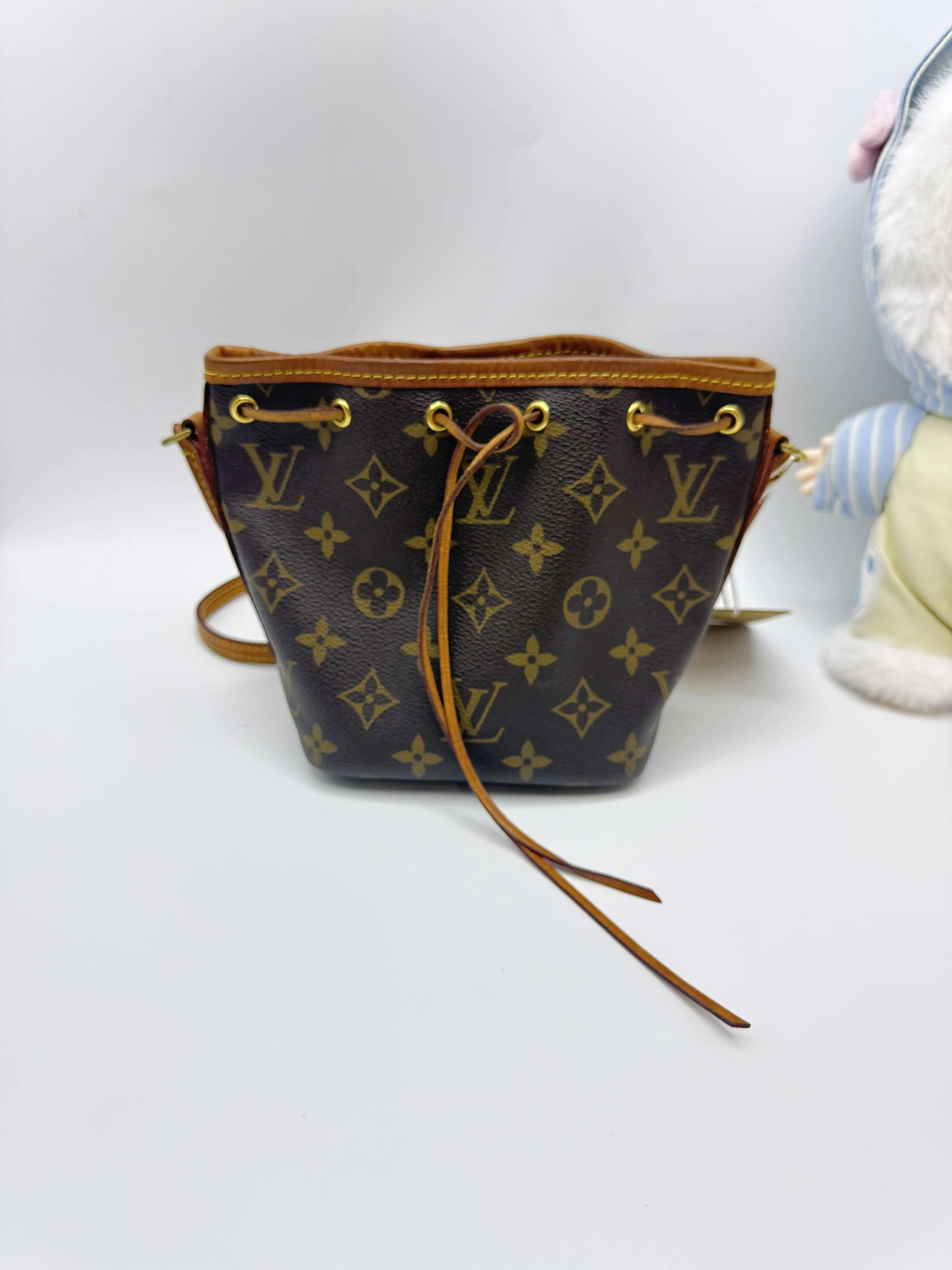 Pre-owned Louis Vuitton Nano Noe Crossbody Iconic Monogram, Drawstring, Compact Mini, Natural Cowhide Leather Trim (Pre Loved Luxury Crossbody Bags), Gold