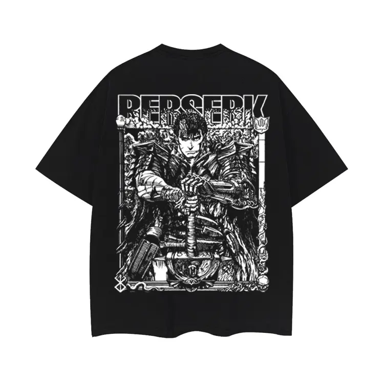 Men's Berserk "Guts Ready for Battle" Oversized Vintage Cotton Shirt, 100% Cotton Round Neck Printed Short-Sleeve Heavyweight Casual Streetwear Top, Black Baggy Menswear T-Shirt, Printed Shirts
