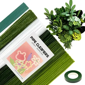 450 count Green Pipe Cleaners Supplies Set,5 Colors Pipe Cleaner Bulk,Fuzzy Chenille Stems Sticks with Floral Wire,Tape for  Bouquet,Festival Craft DIY Decorations and Art Supplies