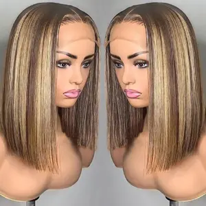 4/27 Highlight Bob Wig Human Hair Straight 13X4 Highlight Bob Lace Front Wigs Human Hair Wear and Go Glueless Wig Pre Plucked 14 Inch Ombre Brown Honey Blonde Hd Lace Frontal Wigs For Black Women