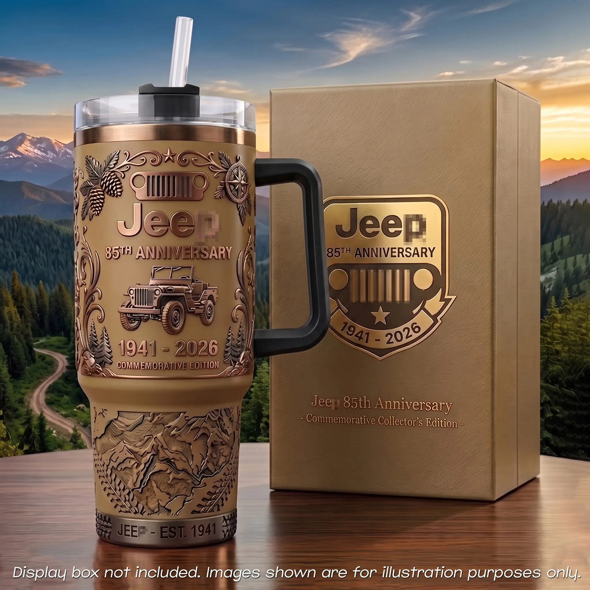 Jeep 40 oz Tumbler, 85th Anniversary Cup, 1941-2026 Commemorative Edition Gift, Commemorative Collector's Edition Travel Mug, EST. 1941 Vacuum Insulated Stainless Steel Bottle, Matte Gold 4x4 Offroad Car Graphic, Thermal Coffee Ice Cup with Handle