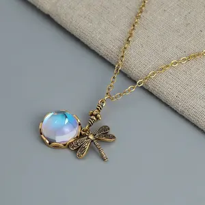 Handmade Moon Dragonfly Necklace with White Faux Opal - Vintage Victorian Style Jewelry