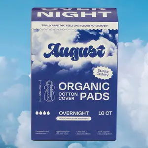 August Overnight Pads - Zero-Feel. Organic Cotton. Compostable Wrapper. Maximum Length.