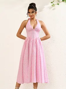 Deep V Neck Halter Strap Plaid Dress, Tie Back Design, Long Dress for Casual Vacation, Romantic, Women's Fashion