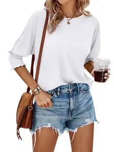 Imily Bela Women’s Tops Casual Crewneck T Shirt 3/4 Smocked Sleeve Summer Loose Fit Blouse Solid Color Tunic Shirt