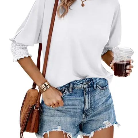 Imily Bela Women’s Tops Casual Crewneck T Shirt 3/4 Smocked Sleeve Summer Loose Fit Blouse Solid Color Tunic Shirt