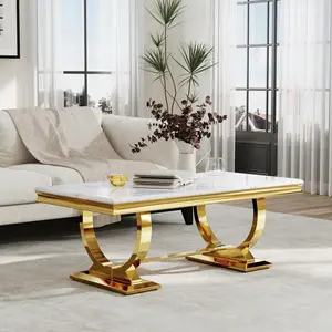 AUZ Gold and White Coffee Table, Rectangle Gold Marble Coffee Table, Luxury Elegant Center Table for Living Room, Guest Hall, Reception Room