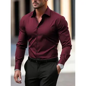 Elegant Solid Color Men'S Dress Shirt - Polyester Woven Fabric, Regular Fit, Button-Down Collar, All-Season Comfort, Ideal Gift for Partners