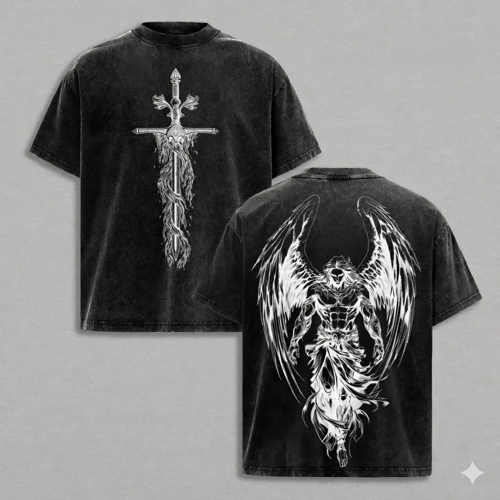 Saint Michael The Archangel x Flaming Sword T-Shirt Washed Christian Shirt, Aesthetic Clothes ,Scales of Justice , Jesus Tees, Christian Merch, Archangel Michael Tees ,Outfit Church Apparel Breathable Classic Cotton Top Breathable