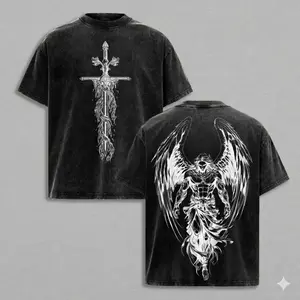 Saint Michael The Archangel x Flaming Sword T-Shirt Washed Christian Shirt, Aesthetic Clothes ,Scales of Justice , Jesus Tees, Christian Merch, Archangel Michael Tees ,Outfit Church Apparel Breathable Classic Cotton Top Breathable
