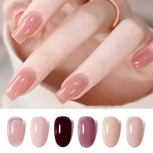 6PCS * 12ML Sparkling Romance Rubber Base Gel Set UV/LED Lamp and Top Coat Required,Long Lasting Shimmering Rose & Cherry Red Builder Gel, 4 in 1 Nail Strengthening & Color Base Soak Off Gel