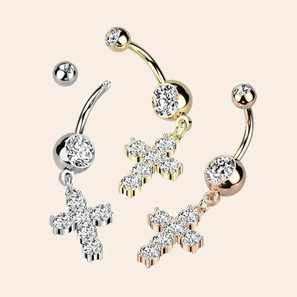 Dangling Cross with Prong Set Sparkling Clear Stones 14g Surgical Steel Belly Button Ring Barbell Length 10mm Geometric Piercing Jewelry