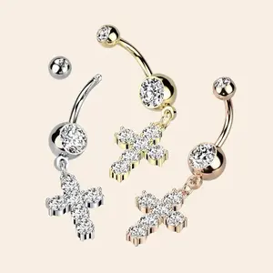 Dangling Cross with Prong Set Sparkling Clear Stones 14g Surgical Steel Belly Button Ring Barbell Length 10mm Geometric Piercing Jewelry
