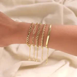 SL 5PCS 14K Gold Plated hypoallergenic Cubic Zirconia Stackable Bracelets for Women – Trendy Cuban Link & Paperclip Chain Jewelry Set, Dainty Fashion Accessories Gifts non-tarnish Christmas Gift