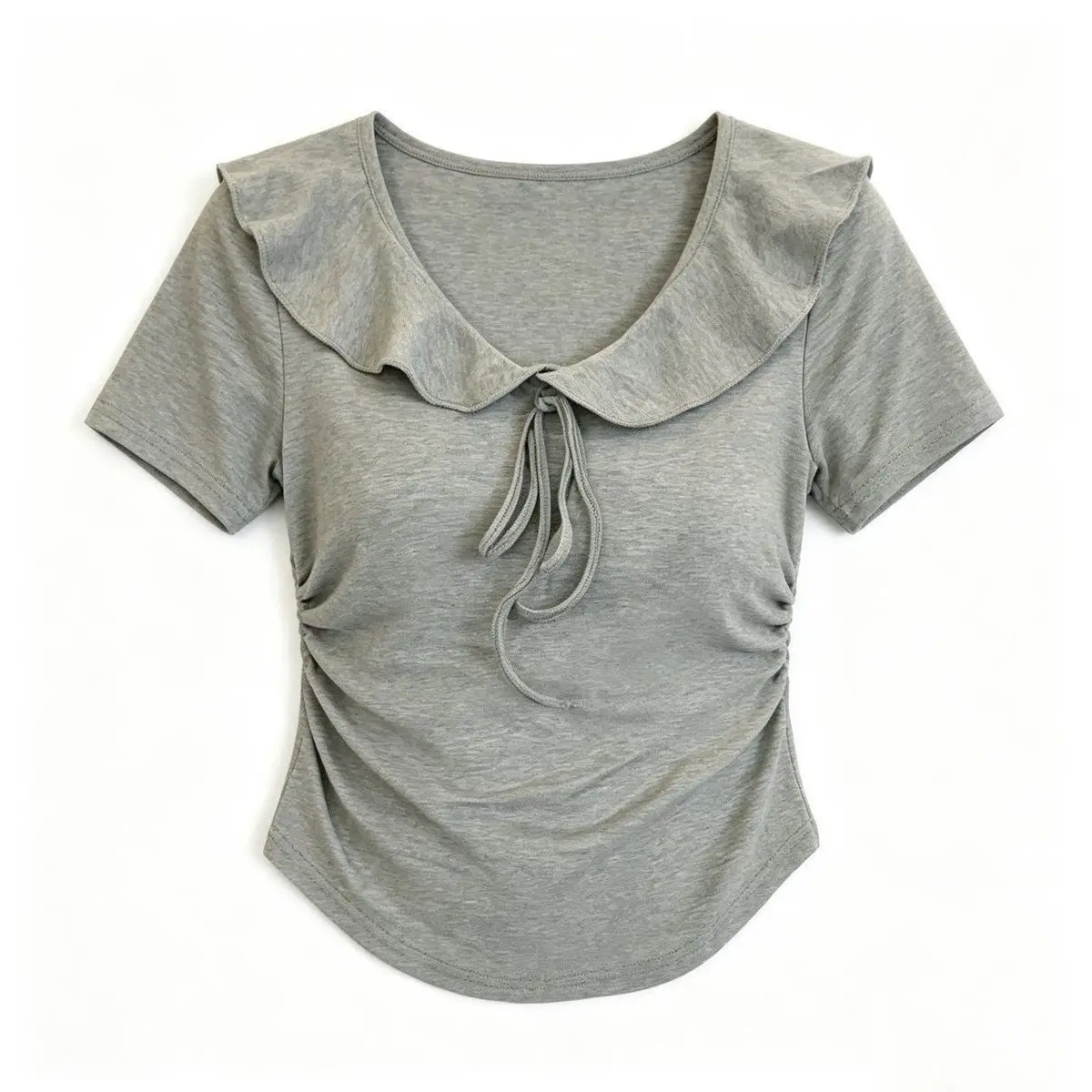 WOMEN'S SHORT SLEEVE T-SHIRT WITH RUFFLE COLLAR AND TIE DETAIL