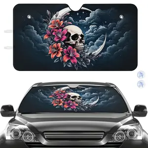 Car Sun Shade Black Skull with Flowers And Moon Design for Car Windshield Protection