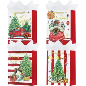 4 Pack 9" Small Size Christmas  Bags with Handles for Xmas Holiday Presents  Red   Cute Paper Wrapping Bag with Tissue Paper for