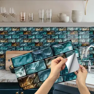 Waterproof Emerald Colored Ceramic Tile Peel and Stick Wall Sticker, Self-adhesive Durable Wall Sticker, Suitable for Kitchen, Bathroom Toilet Backsplash