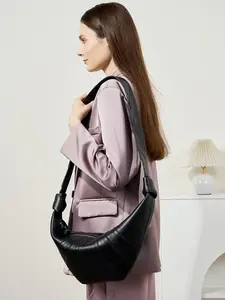 Sheepskin Leather Crossbody Bag For Women, Soft Lambskin Croissant Bag, Hobo Shoulder Bag, Chest Purse With Wide Single Shoulder Strap