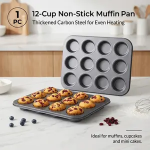 12-Cup Non-Stick Muffin Pan, Thickened Carbon Steel Cupcake Baking Tray, Even-Heating Oven-Safe Bakeware for Muffins, Cupcakes & Mini Cakes