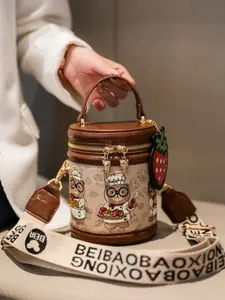 Women's Wide Strap Round Cylinder Bag, Original Bear Shoulder Bag, Commuter Crossbody Small Bag, Phone Purse, Fashion Accessory