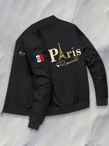 Men's French Theme Pilot Jacket, Paris France Flag & Eiffel Tower Print, Zipper Casual Outerwear, Polyester Travel Top