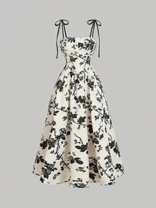 Women's Ditsy Floral Print Tie Shoulder Cami Dress Bohemian Chic Spaghetti Strap Sleeveless for Daily Outdoor Casual Wear Womenswear Formal Black And White Boho