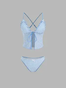 V-neck Gingham Bowknot Lettuce Trim Tankini Bikini Set