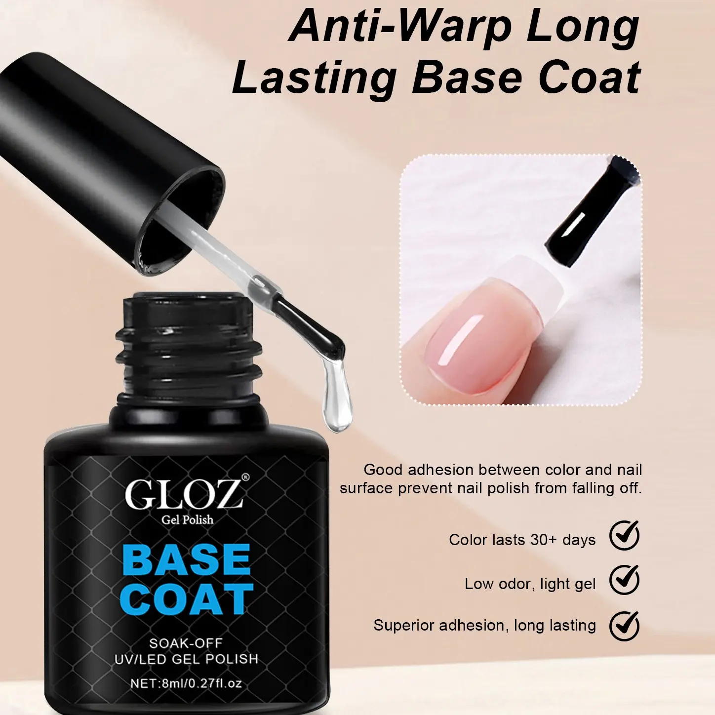 GLOZ Professional Base Coat 8ML | Strong Adhesion, Long Lasting Wear, Anti-Chipping & Smooth UV LED Gel Nail Polish Foundation