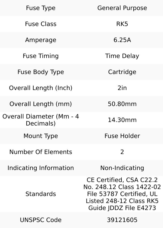 Bussmann 125 VDC, 250 VAC, 6.25 Amp, Time Delay General Purpose Fuse Fuse Holder Mount, 50.8mm OAL, 20 at DC, 200 (RMS) kA Rating, 9/16" Diam FRN-R-6-1/4