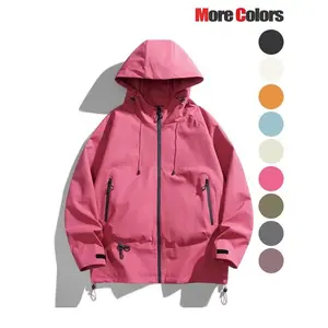 Unisex Solid Color Drawstring Zip Up Hooded Jacket, Loose Casual Comfy Waterproof Windproof Long Sleeve Zipper Pocket Design Outerwear for Daily Wear, Fashion Clothes for All Seasons